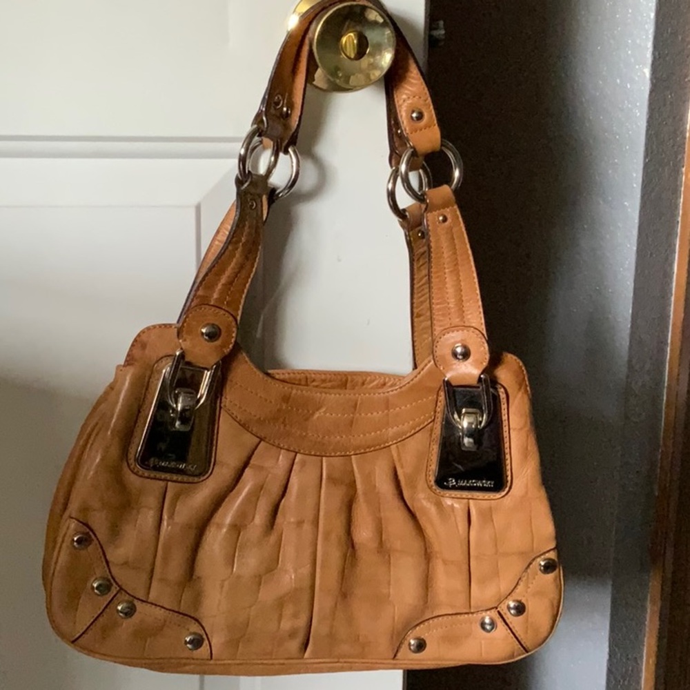 b. makowsky Brown Leather Shoulder Bag with Pleated Design